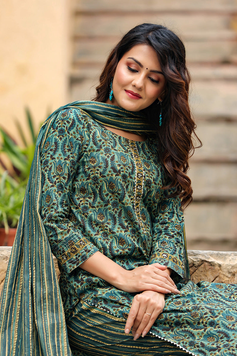 Women's Green Rayon Blend Ethnic Motifs Suit Set - Rasiya - Distacart