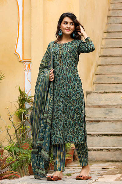 Women's Green Rayon Blend Ethnic Motifs Suit Set - Rasiya - Distacart