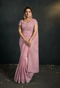 Thumbnail for Light Pink Silk Crepe Satin Cord Sequence & Thread Embroidered & Stone Work Saree - Moh-Manthan Royal Enigma - Distacart