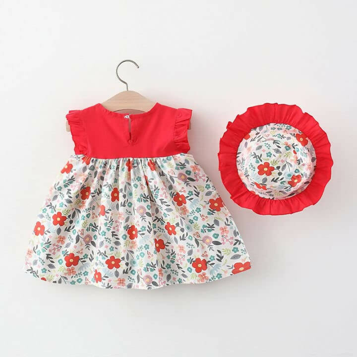 Bold N Elegant Cotton Floral Printed Ruffle Sleeve Princess Dress Frock With Fabric Hat Cap - Red - Distacart