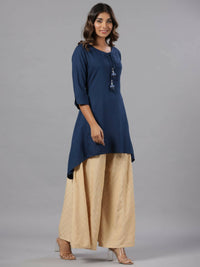 Thumbnail for Juniper Women Indigo Rayon Solid Asymmetric Kurta - Distacart