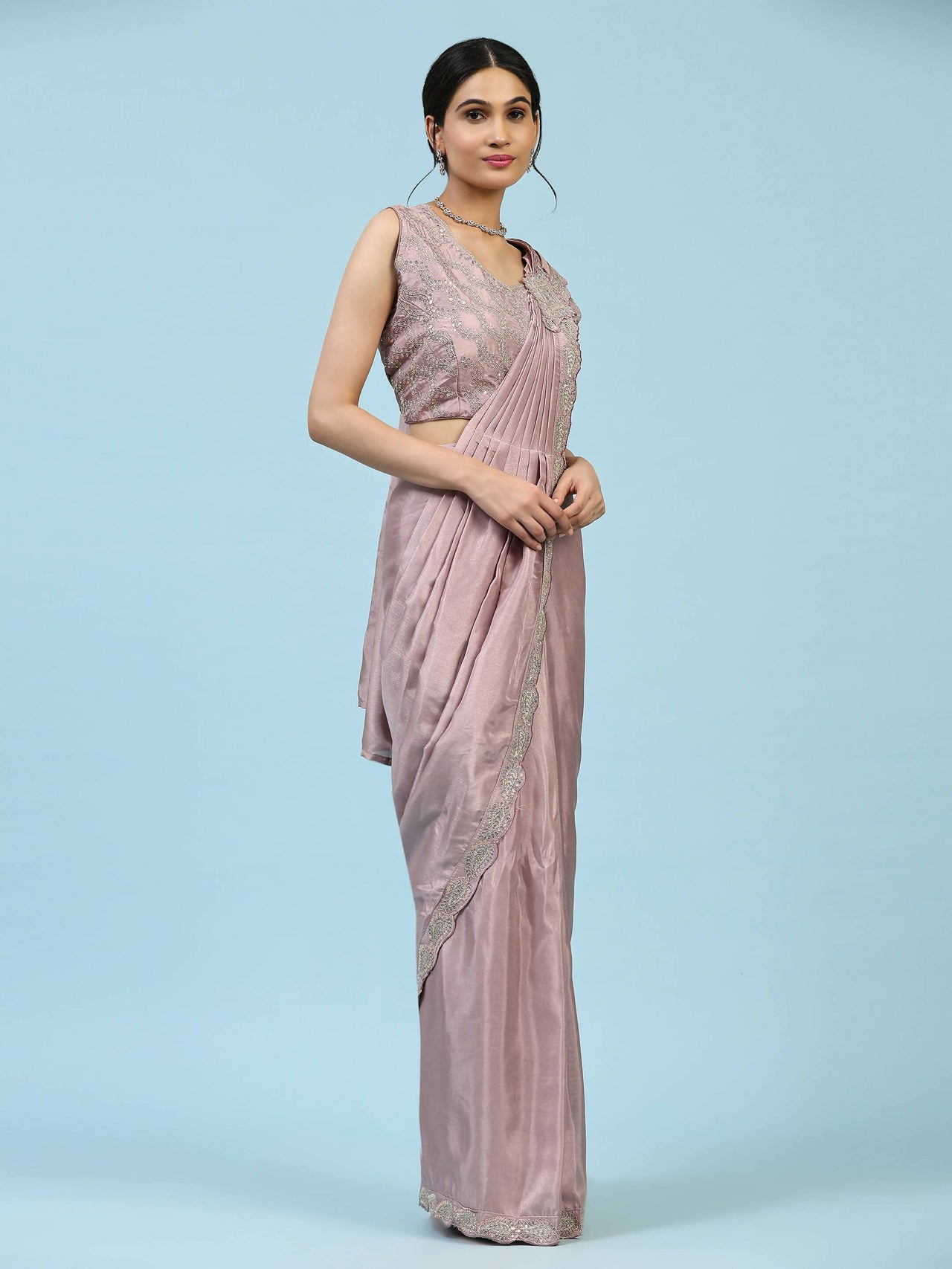 Lavendar Silk Satin Plain Ready to wear Saree with stitched Blouse - Vrinda - Distacart