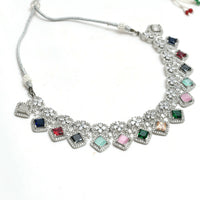 Thumbnail for Mominos Fashion Johar Kamal Women Silver-Plated American Diamond Multi Colour Choker Set - Distacart