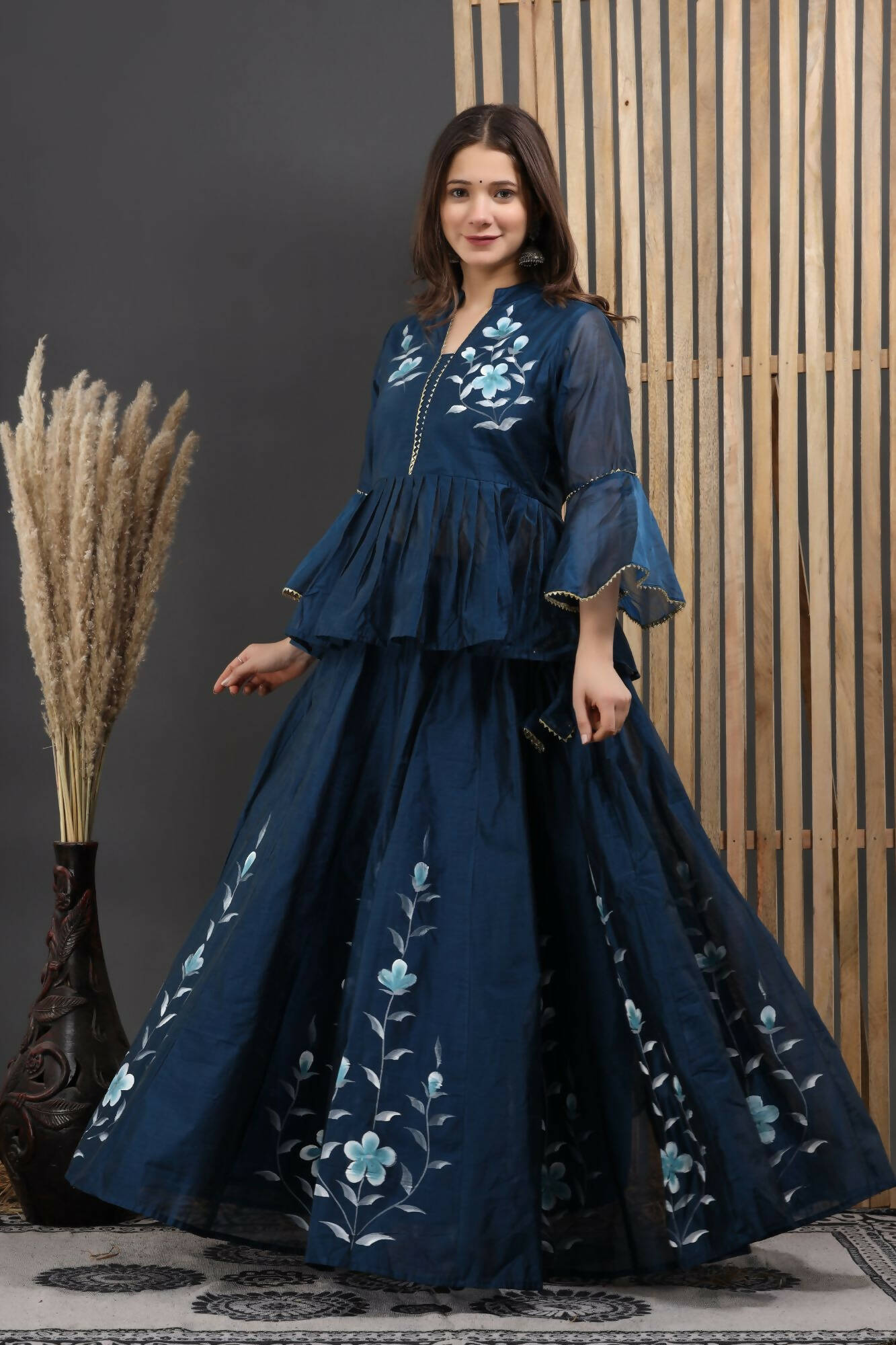 Buy Blue Viscose Silk Hand Painted Floral Mahira Print Bridal Lehenga Set  For Women by Kalista Online at Aza Fashions.