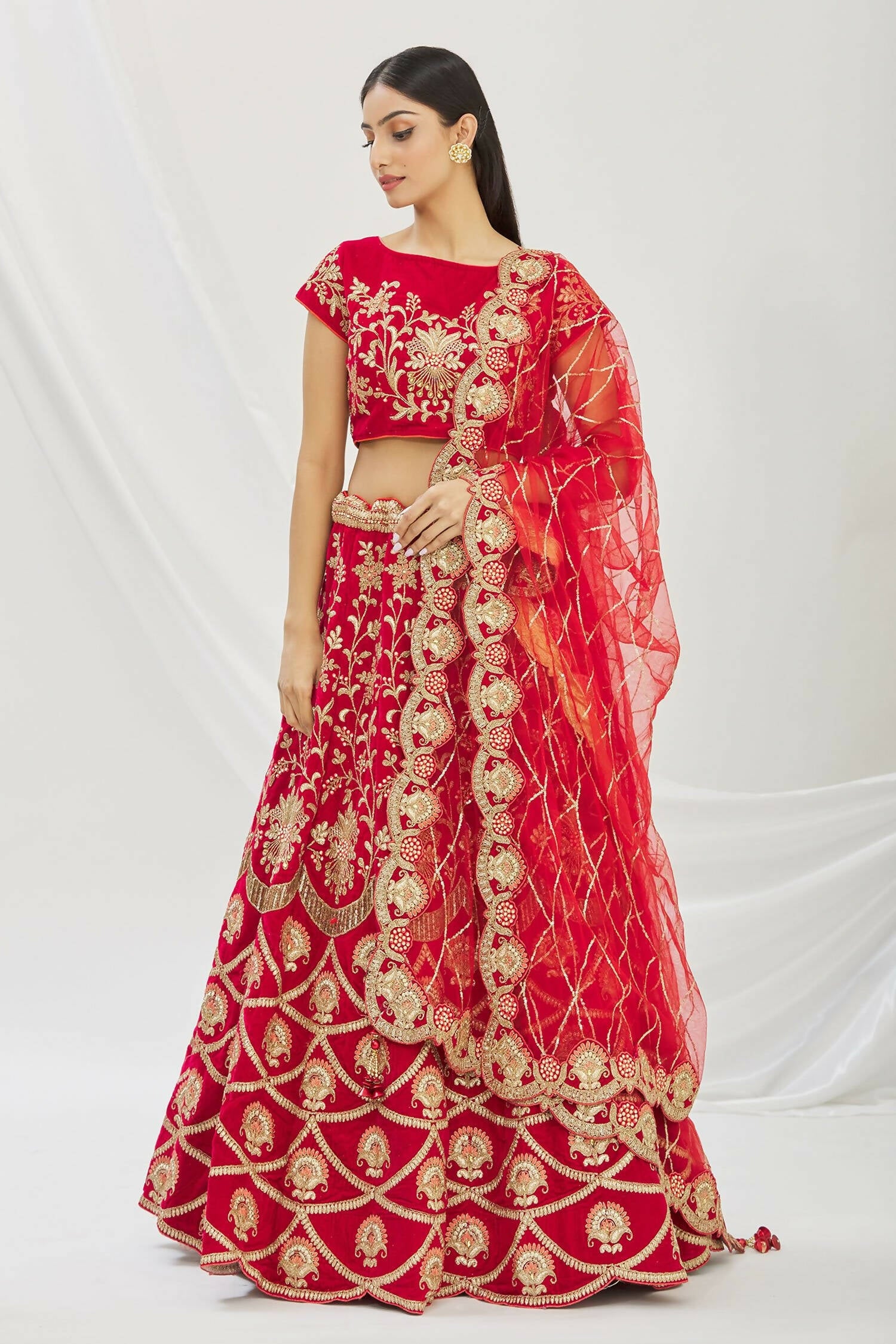 Buy Bridal Wear Lehenga In Red Velvet Fabric LLCV09694