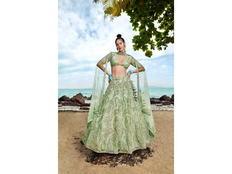 Baize Green Raw Silk Lehenga And Blouse - HOUSE OF TUSHAOM - 4080521