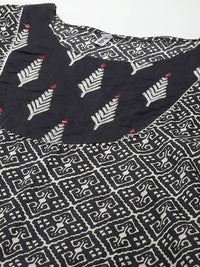 Thumbnail for Yufta Women Black & Off-White Ethnic Motifs Printed Thread Work Cotton Kurta Set & Dupatta