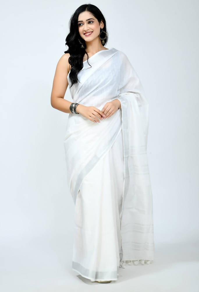 Buy Shailaja Sarees Women's Bird Embroidery And Teasel Work Linen Silk White  Saree With Plain Banglori Silk Blouse Piece at Amazon.in