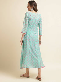 Thumbnail for Sea Green Cotton Solid Flared Dress with Printed Shrug - Yukti - Distacart