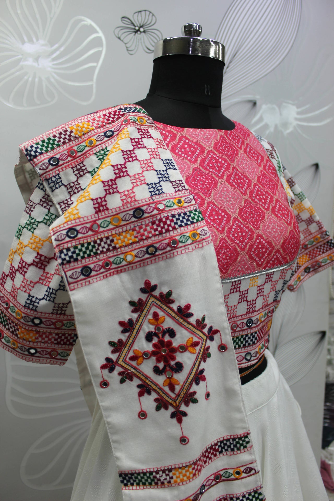 White Jacqard Cotton Thread Embroidered Navratri Lehenga Choli with Dupatta - Raas - Distacart