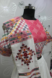 Thumbnail for White Jacqard Cotton Thread Embroidered Navratri Lehenga Choli with Dupatta - Raas - Distacart