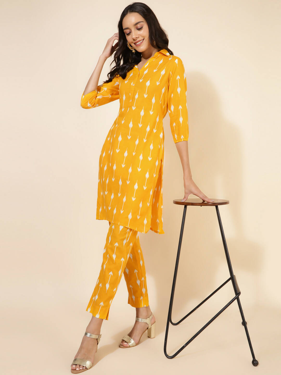 Janasya Women's Yellow Cotton Ikkat Printed Casual Straight Co-ords - Distacart