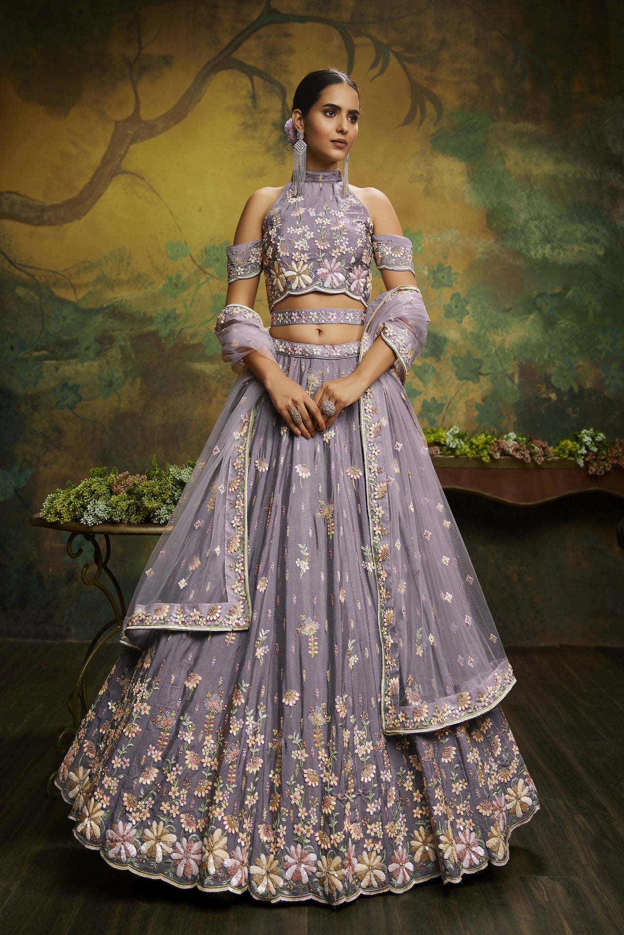 House of Panchhi Mauve Pure Georgette Sequins with heavy Zarkan embroidery Lehenga choli & Dupatta - Distacart