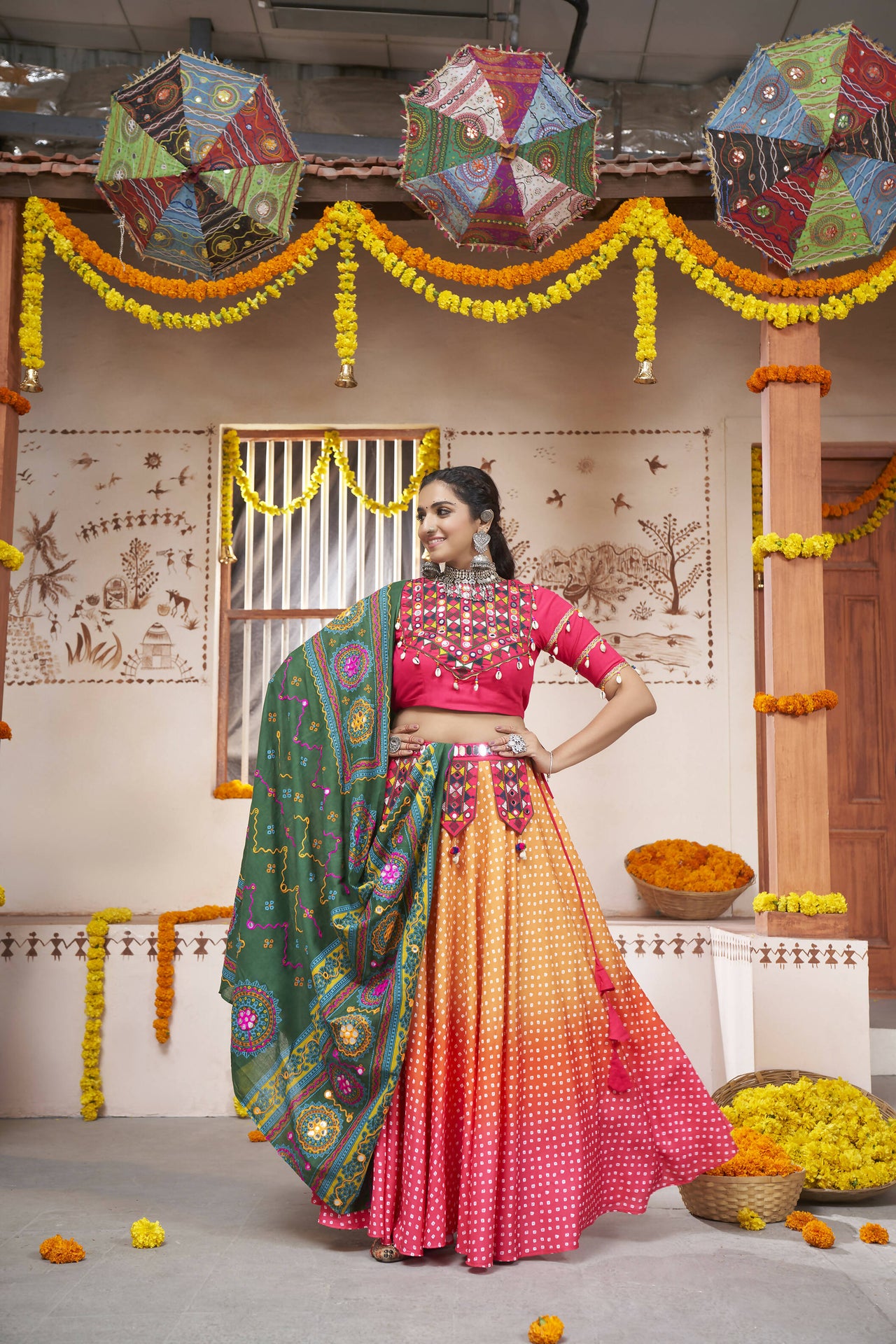 Yellow Rayon All over Print with Embroidery Patch Work Navratri Lehenga Choli with Dupatta - Raas - Distacart