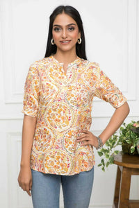 Thumbnail for Myshka Women Mustard Floral V-Neck Regular Sleeves Viscose Rayon Top - Distacart