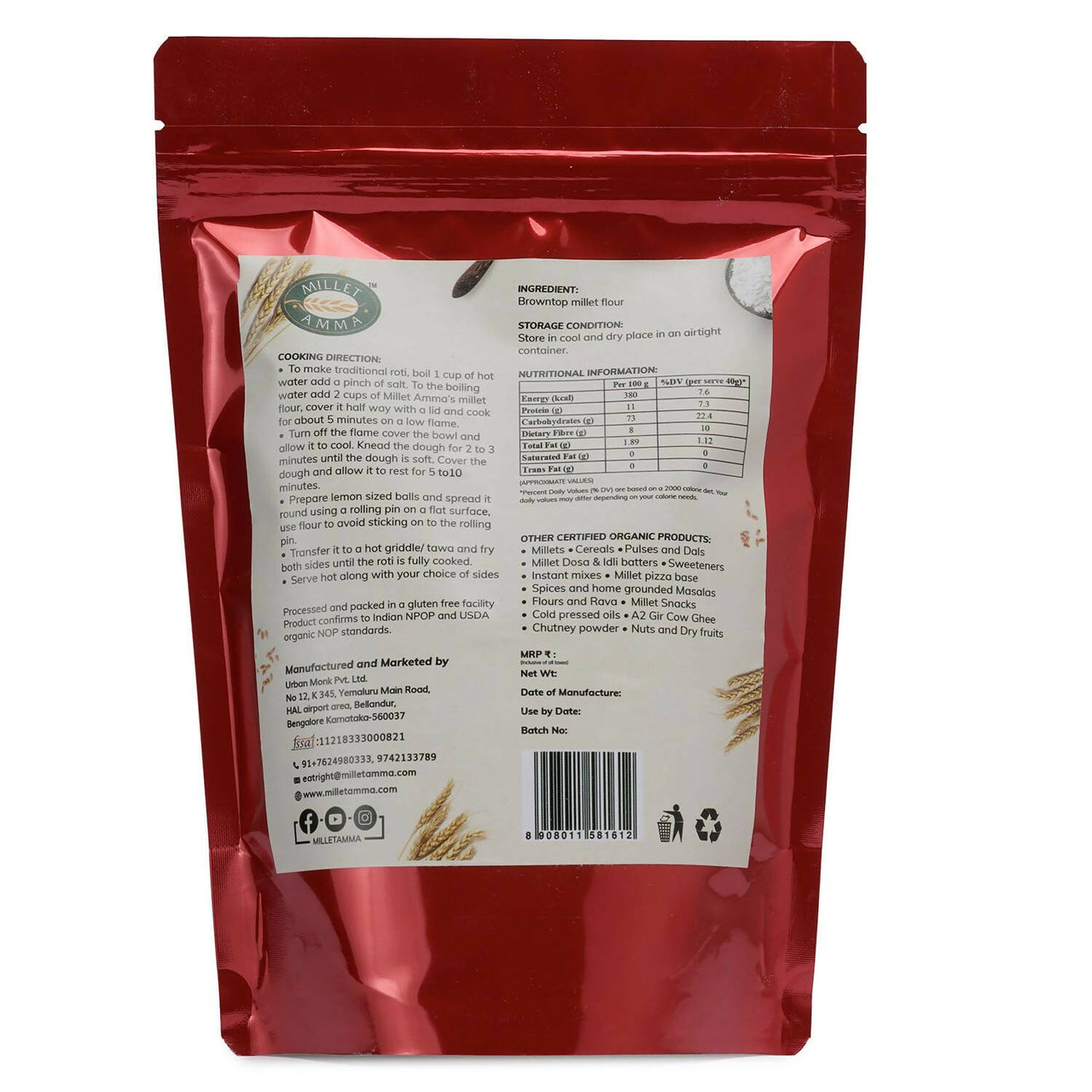 Millet Amma Organic Browntop Millet Flour - Distacart