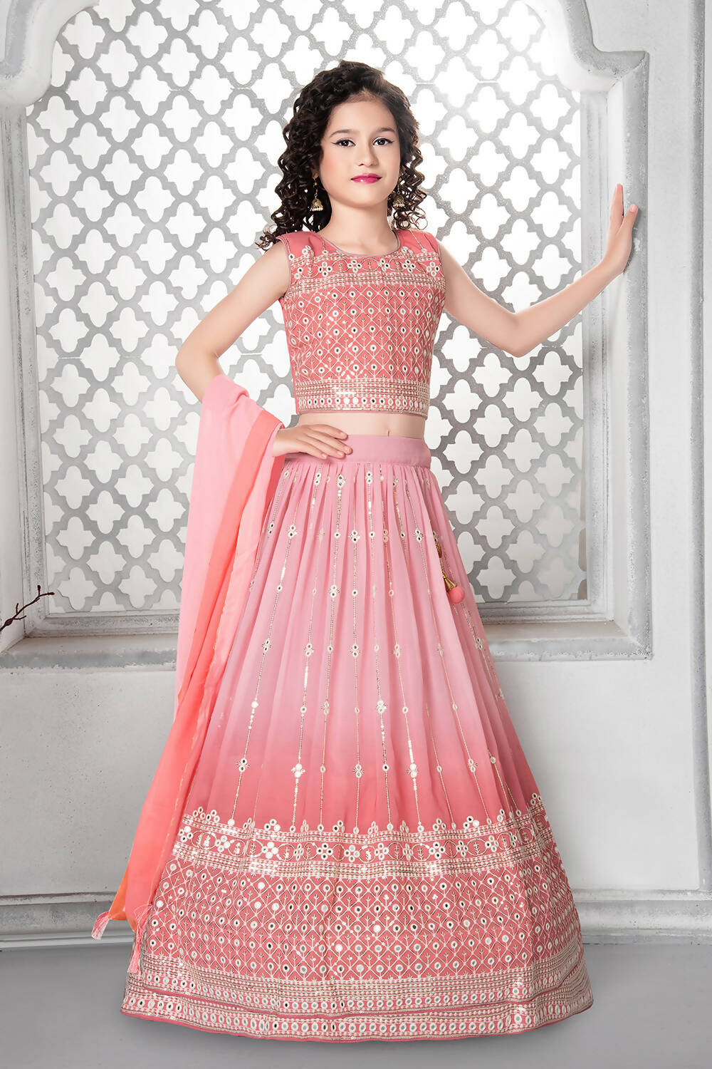 Kids Wedding Designer Peach Fox Georgette Lehenga Choli - Aaradhna - Distacart