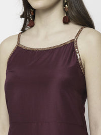 Thumbnail for Myshka Marron Silk Blend Solid Sleeveless Round Neck Kurta Palazzo Dupatta Set