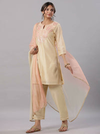 Thumbnail for Juniper Women Gold Modal Chanderi Embroidered Kurta, Pants and Dupatta Set - Distacart