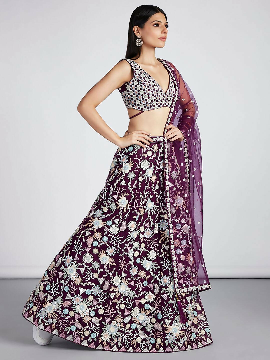 House of Panchhi Burgundy Net heavy Sequinse embroidery Semi-Stitched Lehenga choli & Dupatta - Distacart