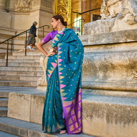 Thumbnail for Navy Blue Handloom Khaddi Silk Saree With Contrast Pallu & Blouse - Rajtex Khwaab Silk - Distacart