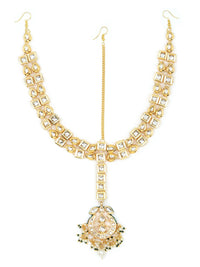 Thumbnail for Gold-Plated White Green Kundan-Studded Pearl Beaded Matha Patti - Ruby Raang - Distacart