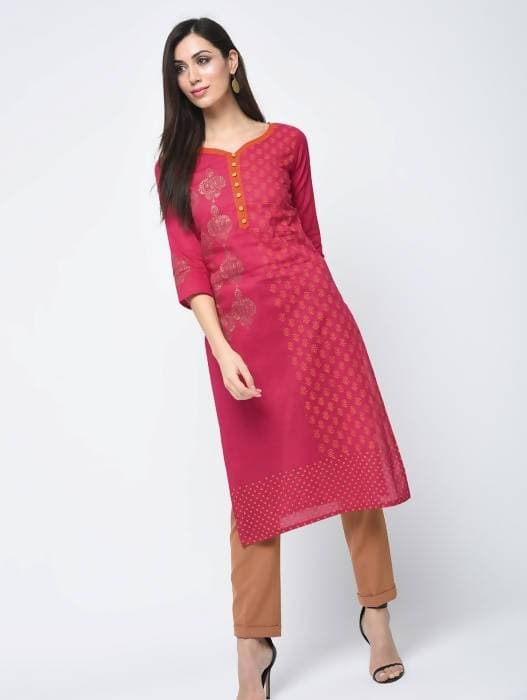 Aniyah Cotton Block Printed Traditional Straight Kurta In Magenta Color (AN-125K)