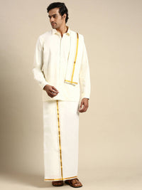 Thumbnail for Ramraj Cotton Mens Premium Wedding Cream Dhoti with shirt Bit & Towel Set - Distacart