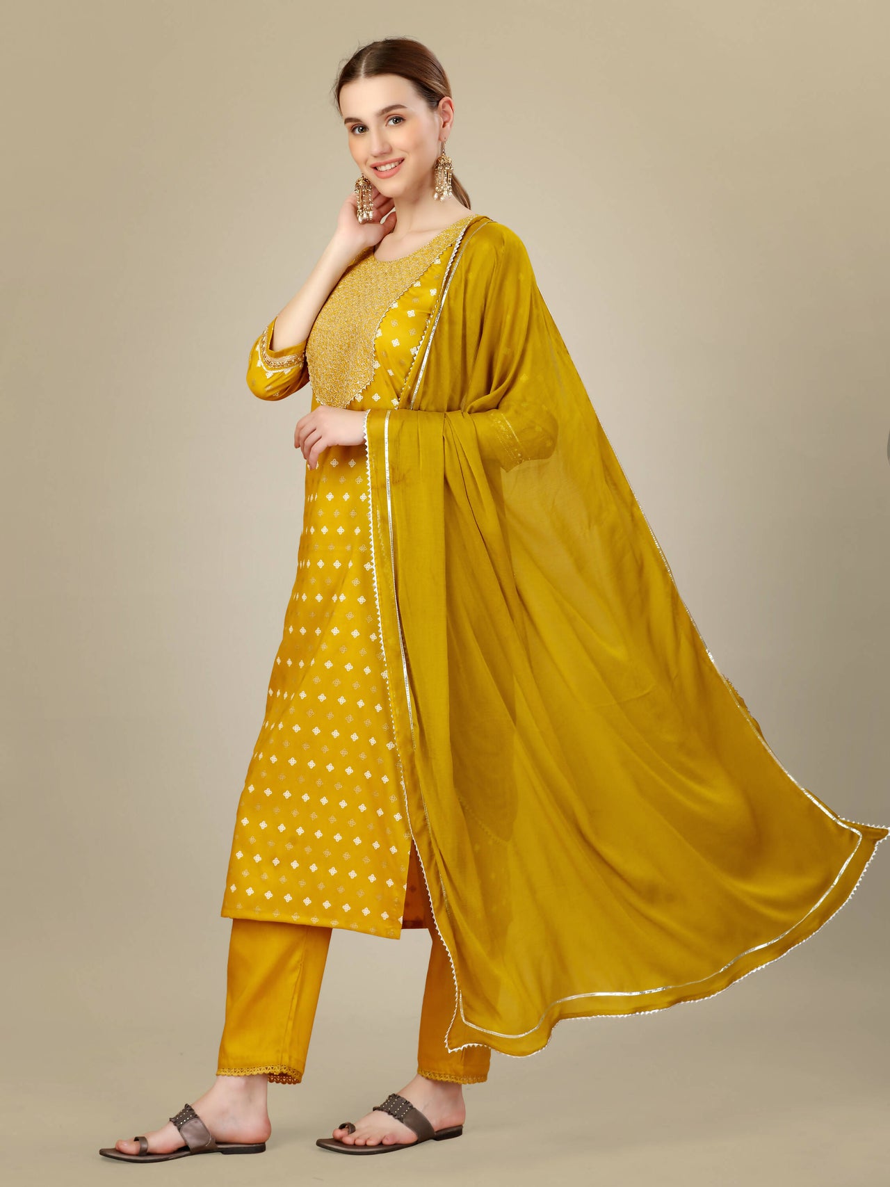 Aastha Fashion Women's Golden Silk Blend Embroidery & Sequence Work Kurta with Trouser & Dupatta - Distacart