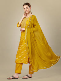 Thumbnail for Aastha Fashion Women's Golden Silk Blend Embroidery & Sequence Work Kurta with Trouser & Dupatta - Distacart