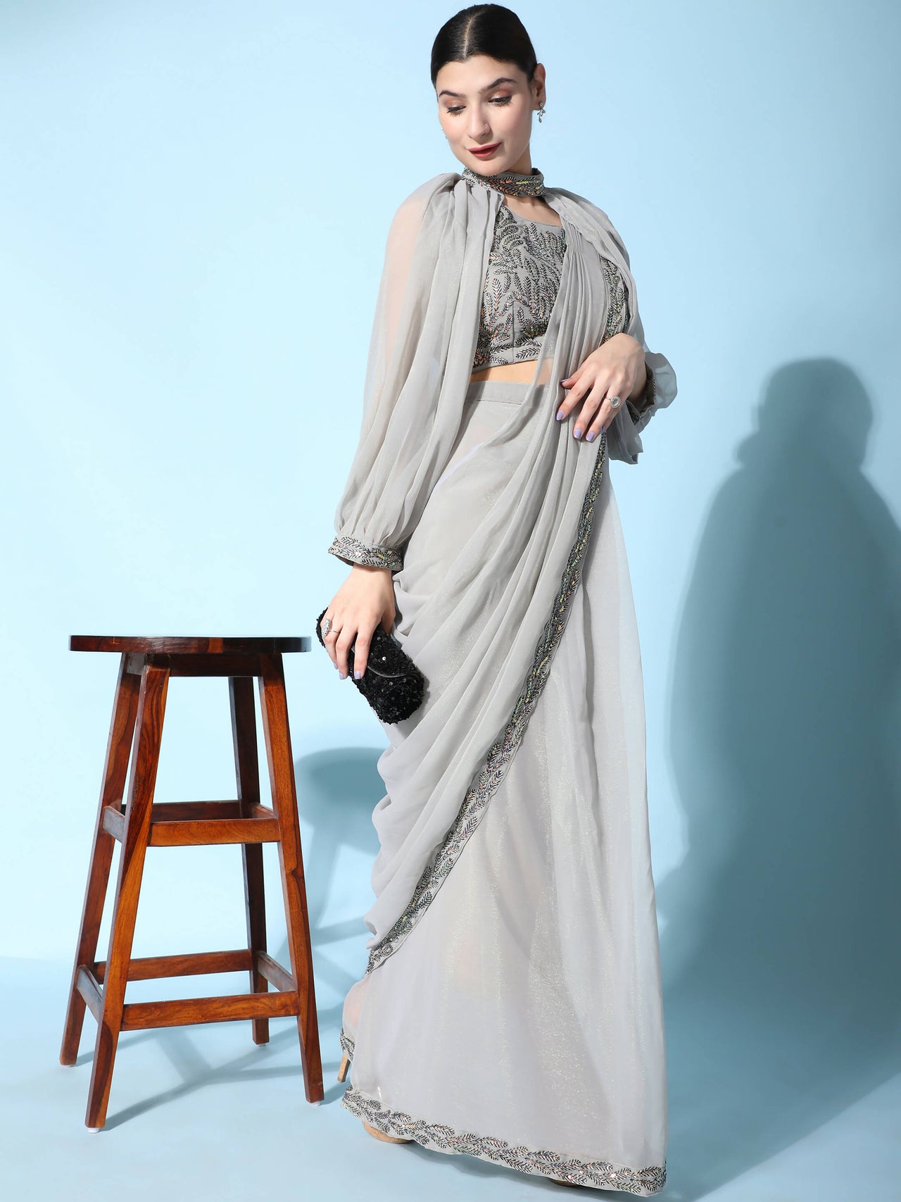 Grey Fancy Pure Fabric Plain Ready to wear Saree with stitched Blouse - Vrinda - Distacart