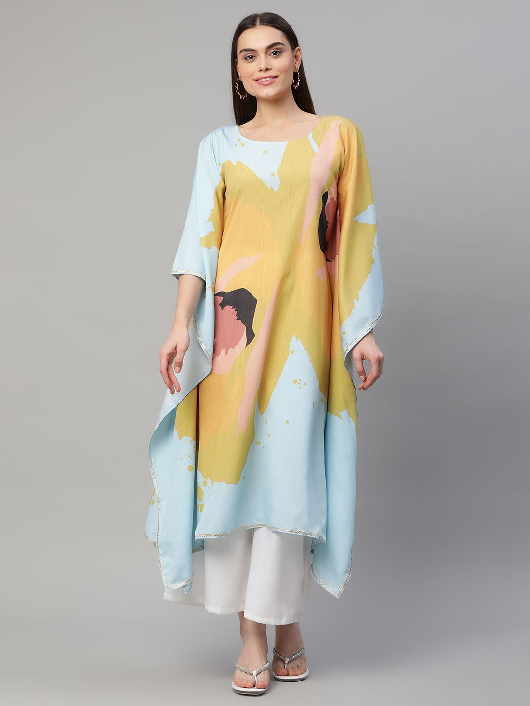 Buy Ahalyaa Women Yellow Crepe Digital Printed Kaftan Kurta with Palazzos  Online at Best Price