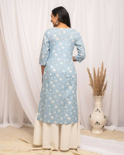 FIORRA Women's Floral Printed Sky Blue Cotton Straight Kurta - Distacart