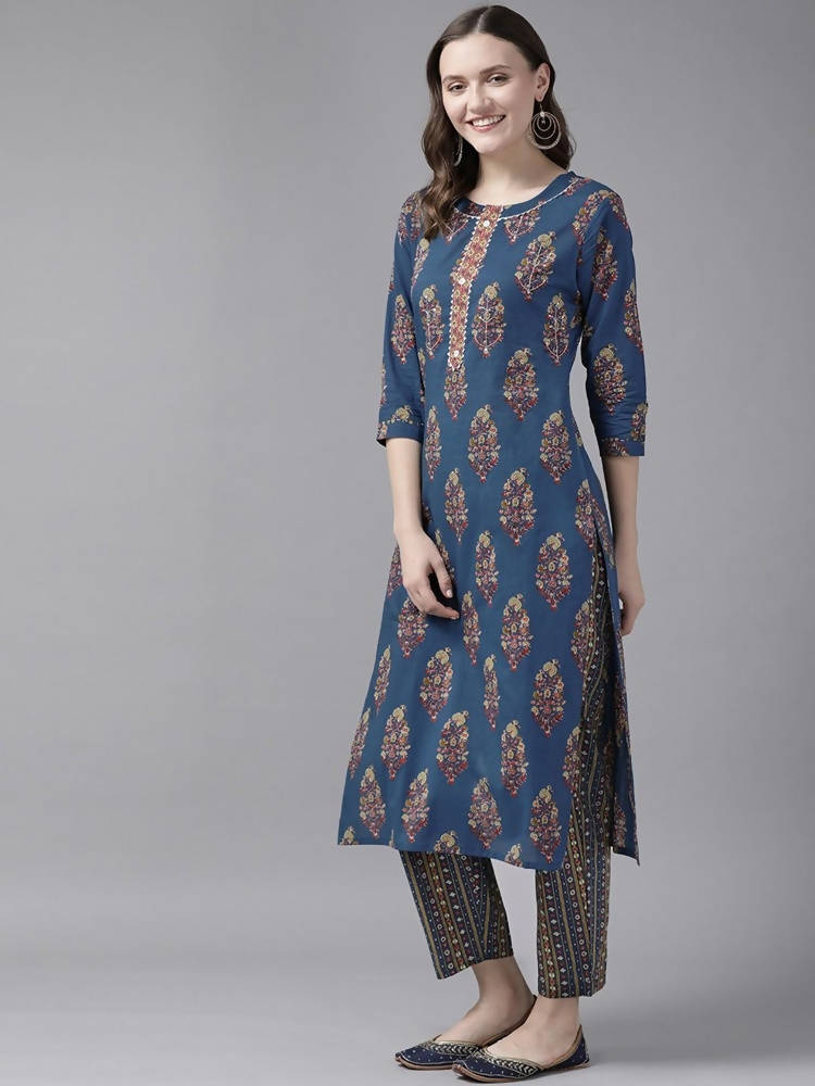 Buy Yufta Women Blue and Red Ethnic Motifs Pure Cotton Kurta with ...