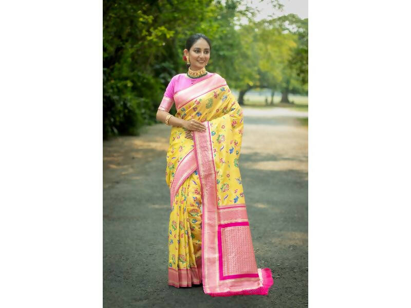 Yellow Meenakari Banarasi Silk Saree – BUNKALA