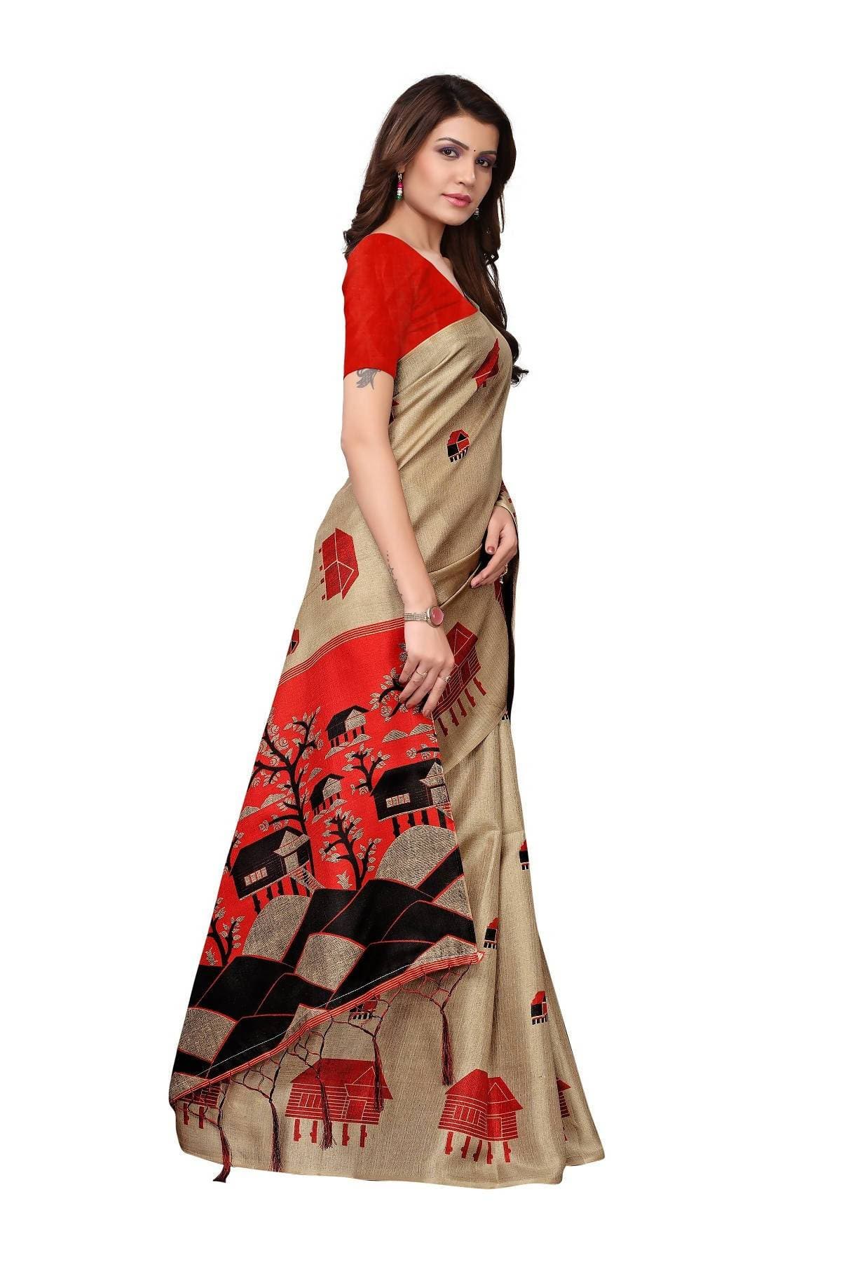 Vamika Traditional Chiku & Red Kalamkari With Jhalar Khadi Silk Saree