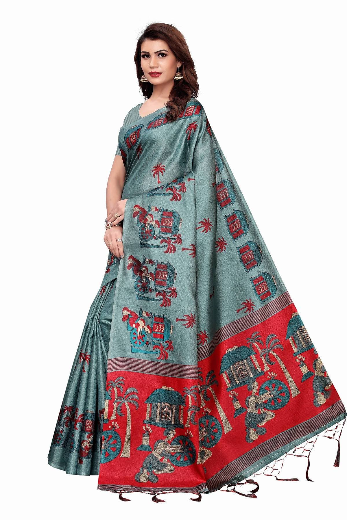 Vamika Sea Green Kalamkari With Jhalar Khadi Silk Saree