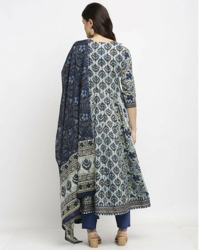 Aastha Fashion Women's Navy Blue Cotton Printed Kurta with Trouser & Dupatta - Distacart