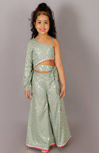 Thumbnail for Lil Drama Fusion Fair Girls Green Crop Top With Palazzo Co-Ordinate Set - Distacart