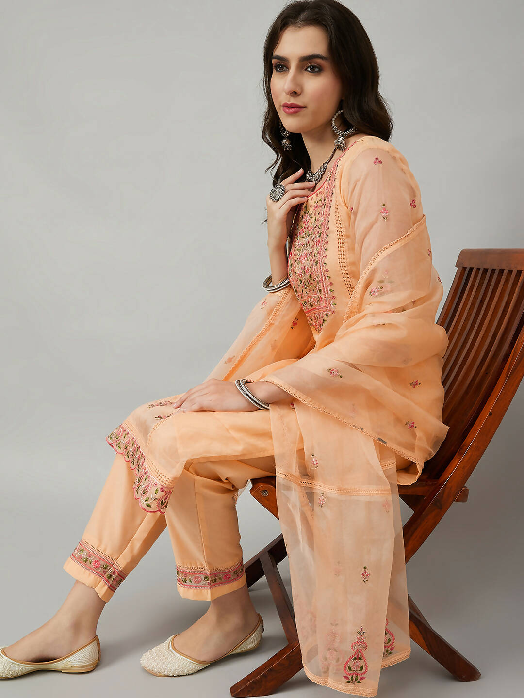 Orange Organza Embroidered Kurta with Bottom & Dupatta - Salimar - Distacart