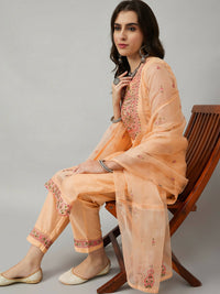 Thumbnail for Orange Organza Embroidered Kurta with Bottom & Dupatta - Salimar - Distacart