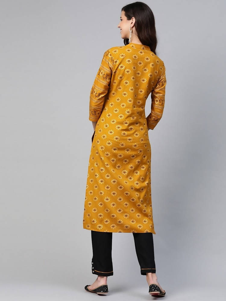 Yufta Women Mustard Yellow & Black Ethnic Motifs Printed Pure Cotton Kurta with Trouser