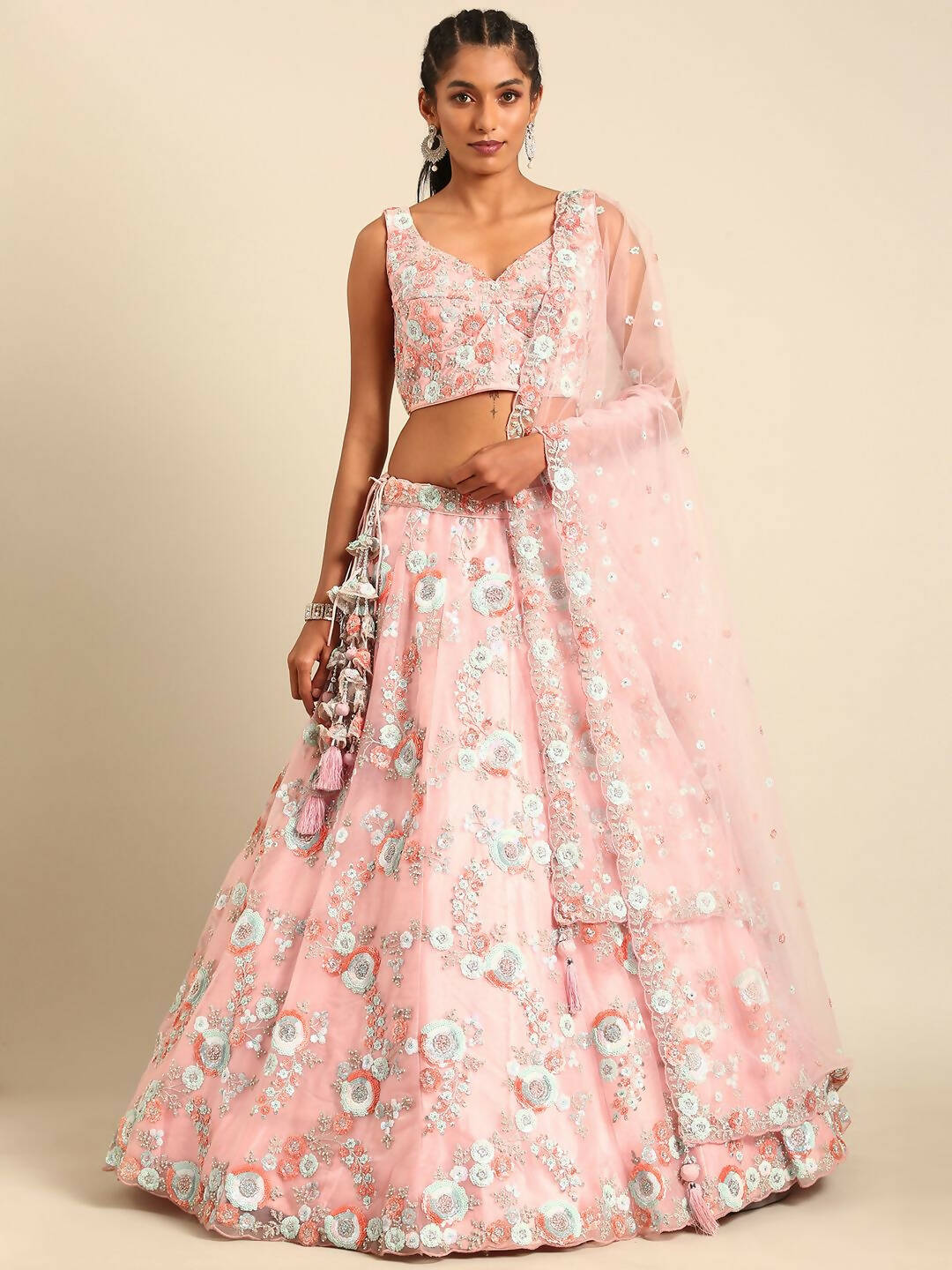 House of Panchhi Pink Net Sequins and Zarkan embroidery Lehenga choli & Dupatta - Distacart