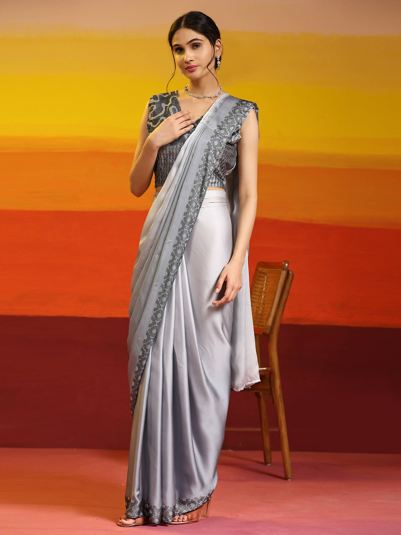 Grey Ombre Satin Georgette Plain Ready to wear Saree with stitched Blouse - Vrinda - Distacart