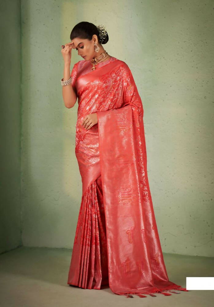 Elegant Designer Tomato Red Color Kanjivaram Silk Saree With Weaving Work - Yomika Fashions - Distacart