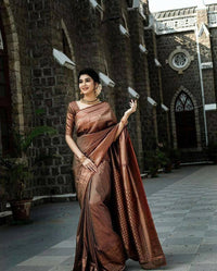 Thumbnail for DEIANA'S Beautiful Golden Jari with New Design Soft Lichi Silk Saree - Brown - Distacart